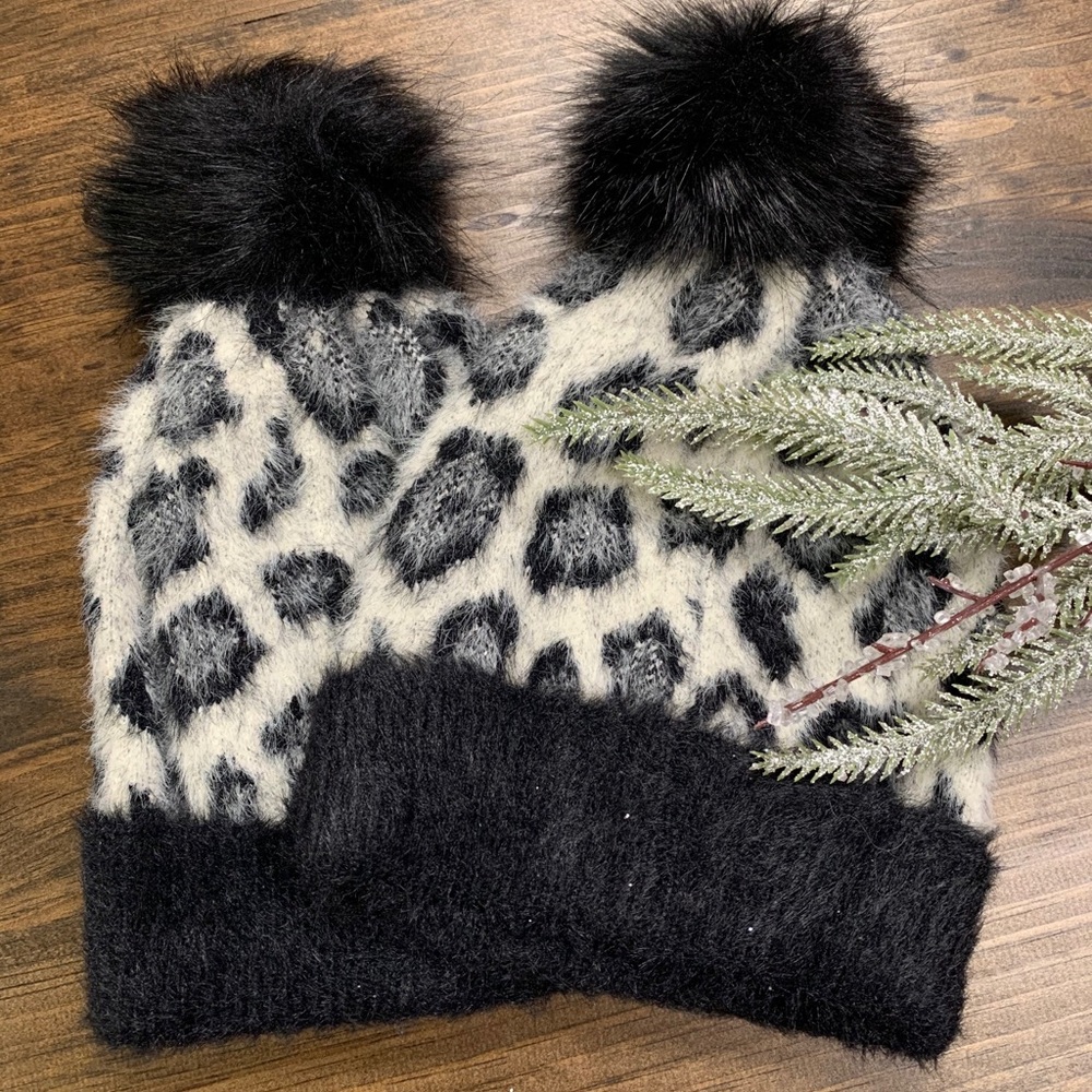Faux Fur Leopard Beanie with pom